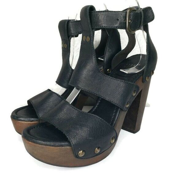 Stuart Weitzman Womens Size 7.5 Platform Wooden Black Leather High Heels Studded - Picture 1 of 14